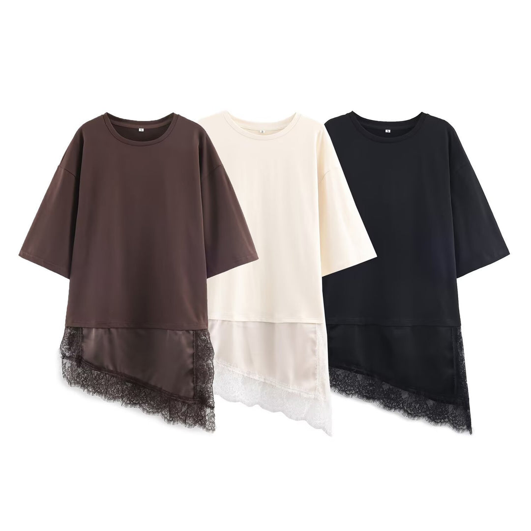 Damen asymmetrisches T-Shirt mit Spitzenbesatz Drune