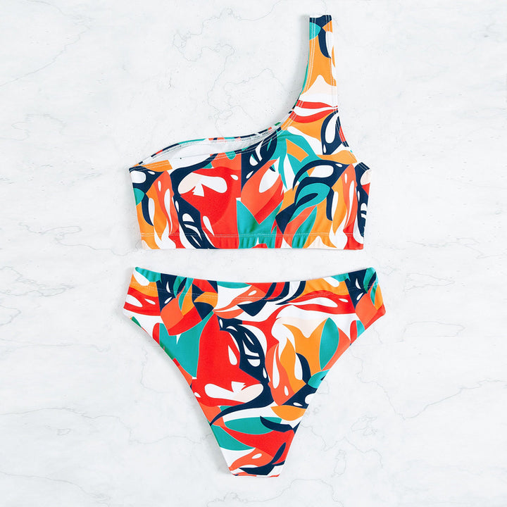 Damen einseitiger Bikini mit modischem floralem Print und hohen Beinausschnitten Drune