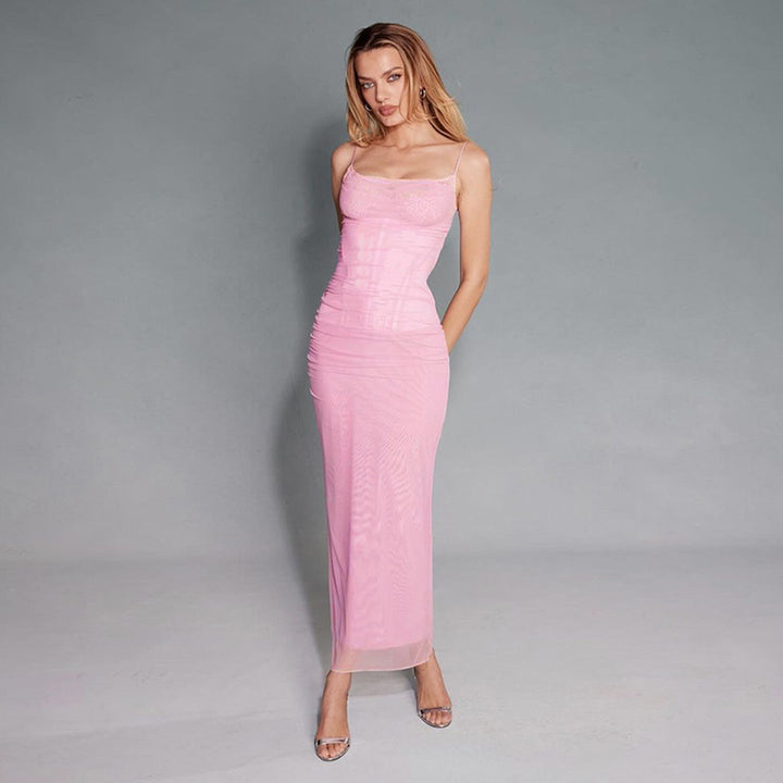 Damen Figurumspielendes Maxikleid mit eleganter Raffungen und Spaghetti-Trägern Drune