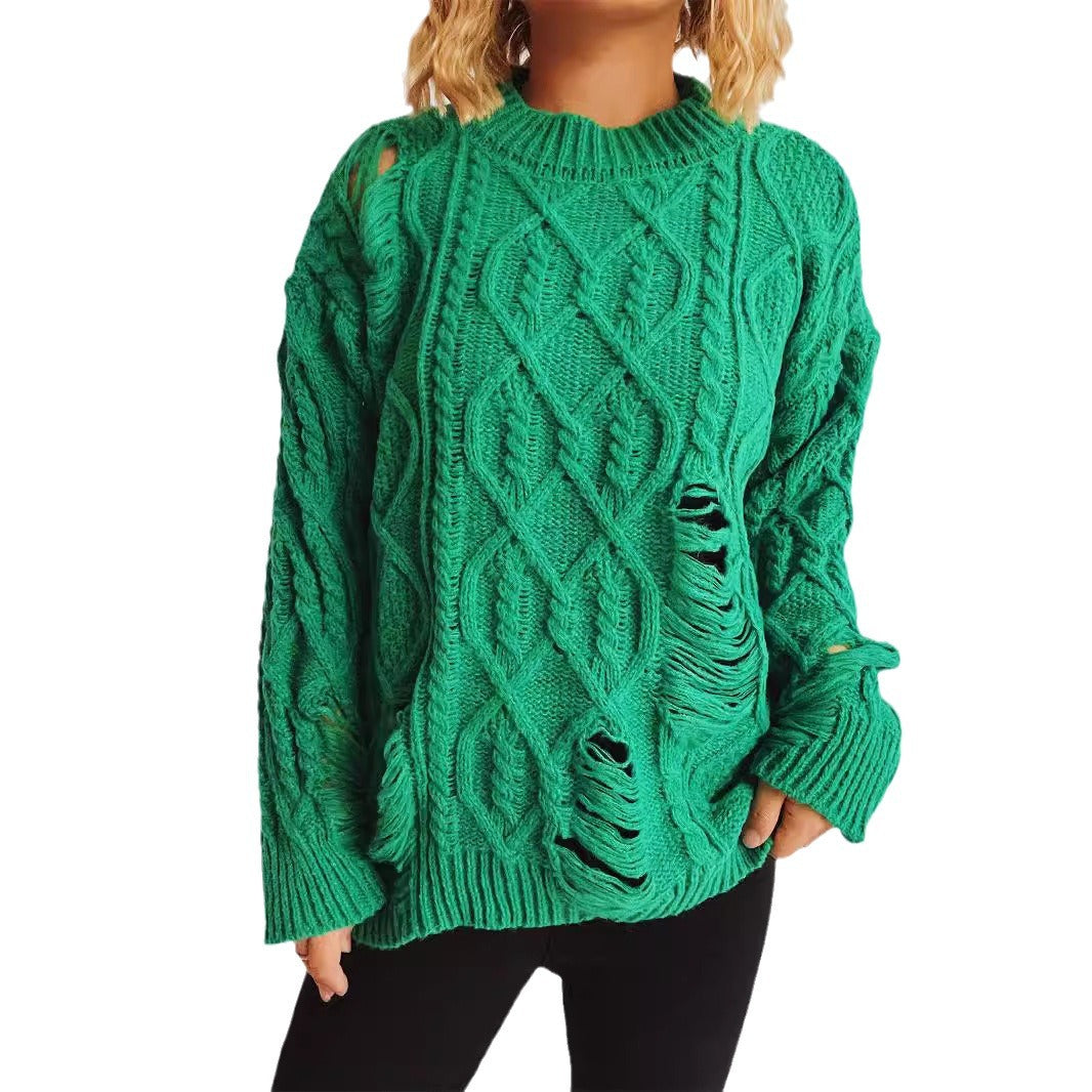 Damen lässiger Oversized-Pullover mit strukturiertem Zopfmuster und Fransen Drune