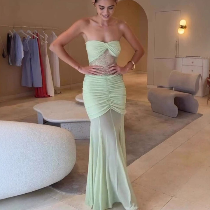 Damen Glamouröses Abendkleid mit Raffungen und Spitze Drune