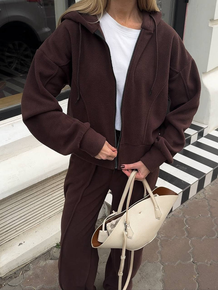 Damen Fleece Freizeitanzug mit stylischer Kapuze und elastischem Bund Drune