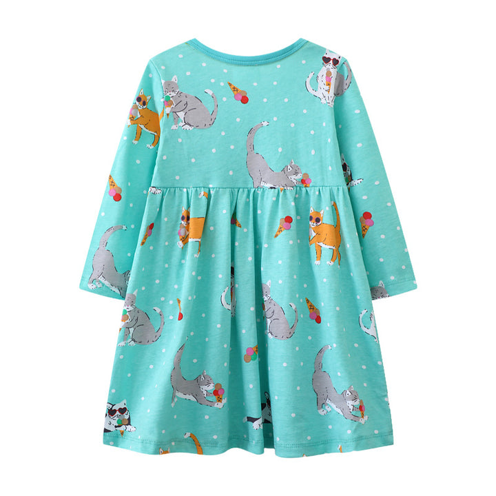 Mädchen Freizeitkleid mit verspieltem Katzenmotiv und praktischen Taschen Drune