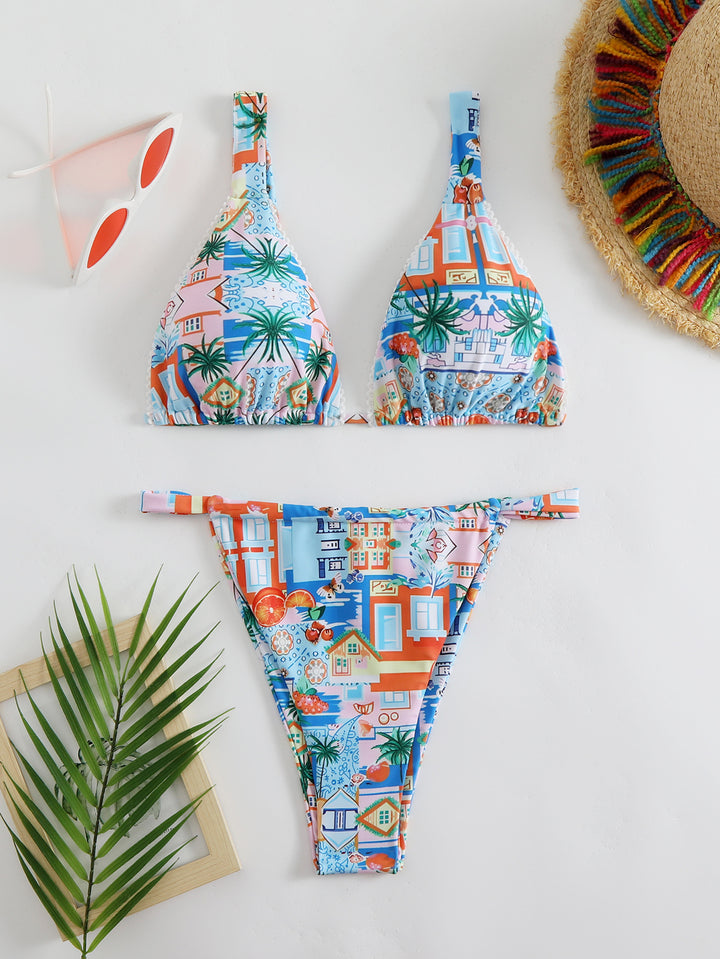 Damen Bikini-Set mit fröhlichem Stadtmotiv und hoch geschnittenem Höschen Drune