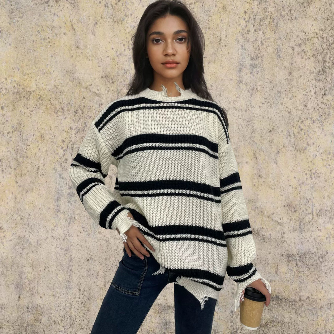 Drune | Pullover Pullover Übergröße Fit Gestrickte Wolle Kontraststreifen Fransen Saum