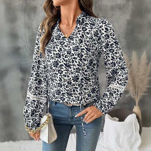 Damen florale Bluse mit langen Ärmeln Drune