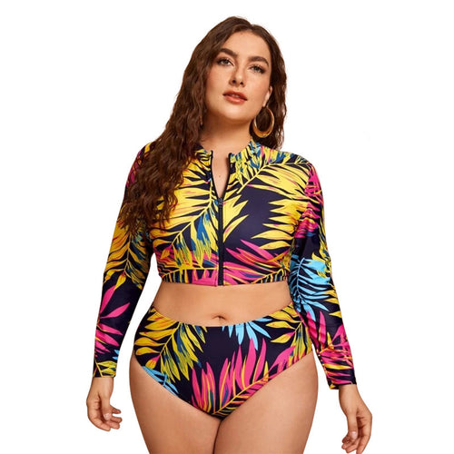 Damen Surf-Bikini-Set mit langärmligem Oberteil und buntem Palmendruck Drune