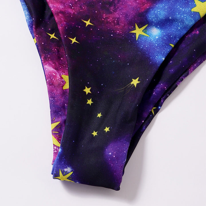 Damen Triangel-Bikini mit buntem Galaxienmuster und verspieltem Knoten Drune