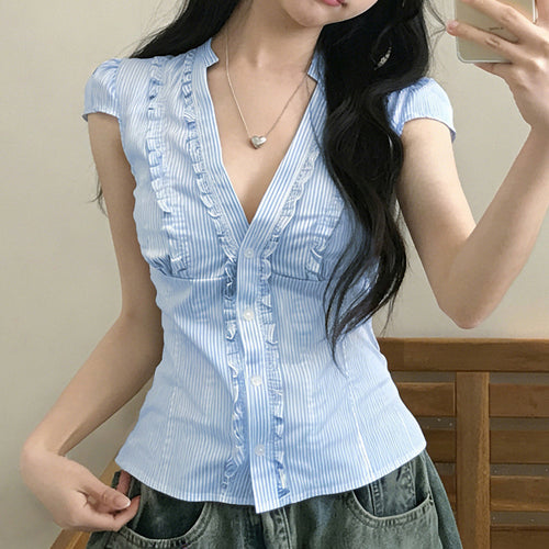 Damen Blusen Top mit Rüschendetails und figurbetontem Schnitt Drune