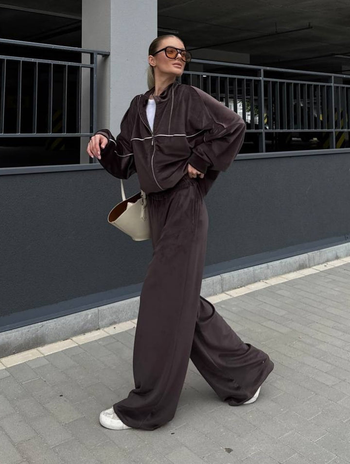 Damen sportlicher Velours-Loungewear-Anzug mit breiten Hosen Drune