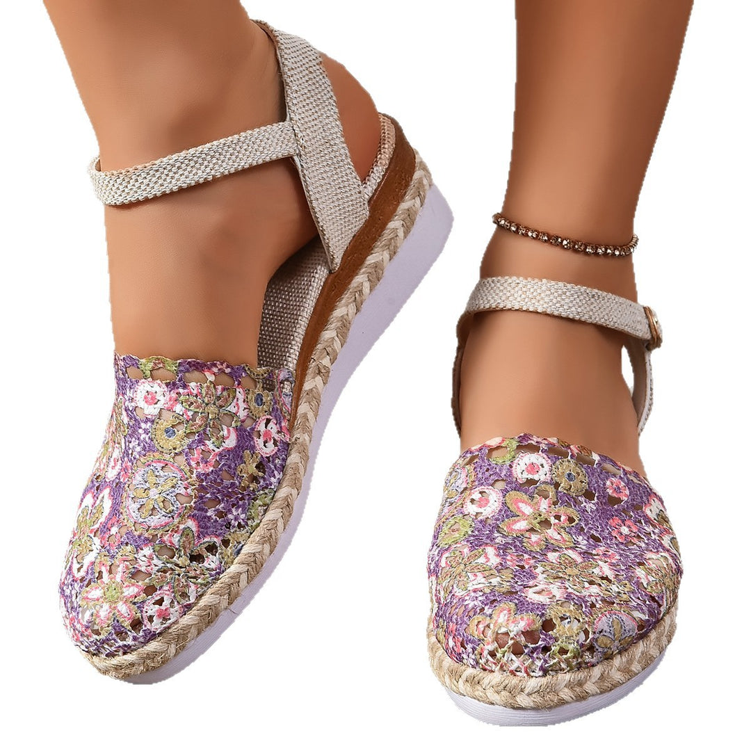 Damen elegante Espadrilles mit handgefertigtem Häkel-Design und verstellbarem Knöchelriemen Drune