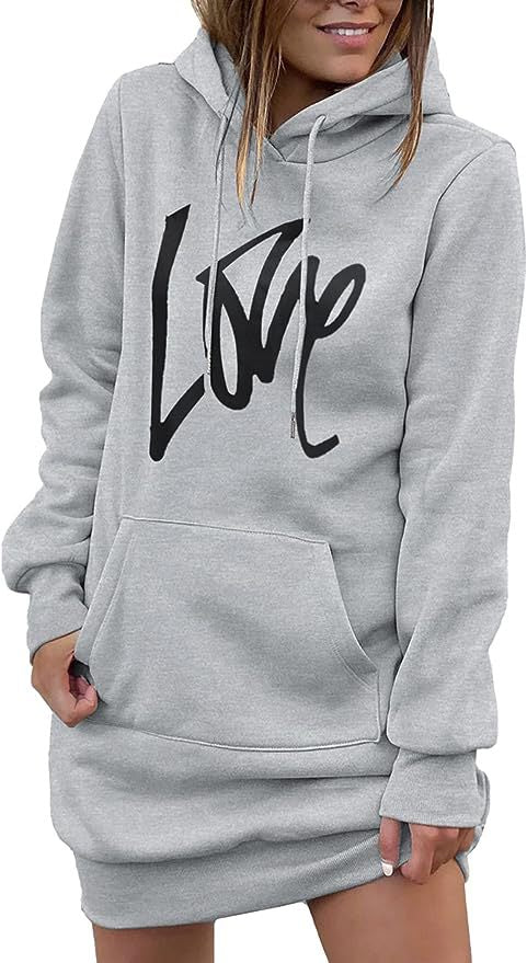 Damen Hoodie-Kleid mit Kängurutasche und auffälligem Schriftzug Drune