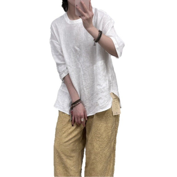 Damen Relaxed Fit Leinen Tunika-Oberteil mit Tasche Drune
