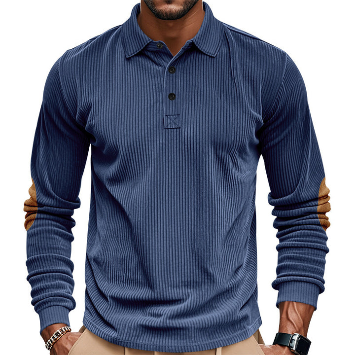 Herren nan schwerer gerippter Baumwoll-Polo-Pullover mit Kentkragen dreifach-Knopfleiste und Wildleder-Ellenbogenpatches Drune