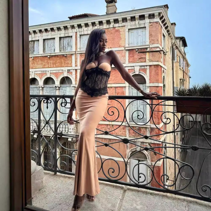 Damen Abendkleid mit elegantem Bustier und floralem Spitzenoberteil Drune