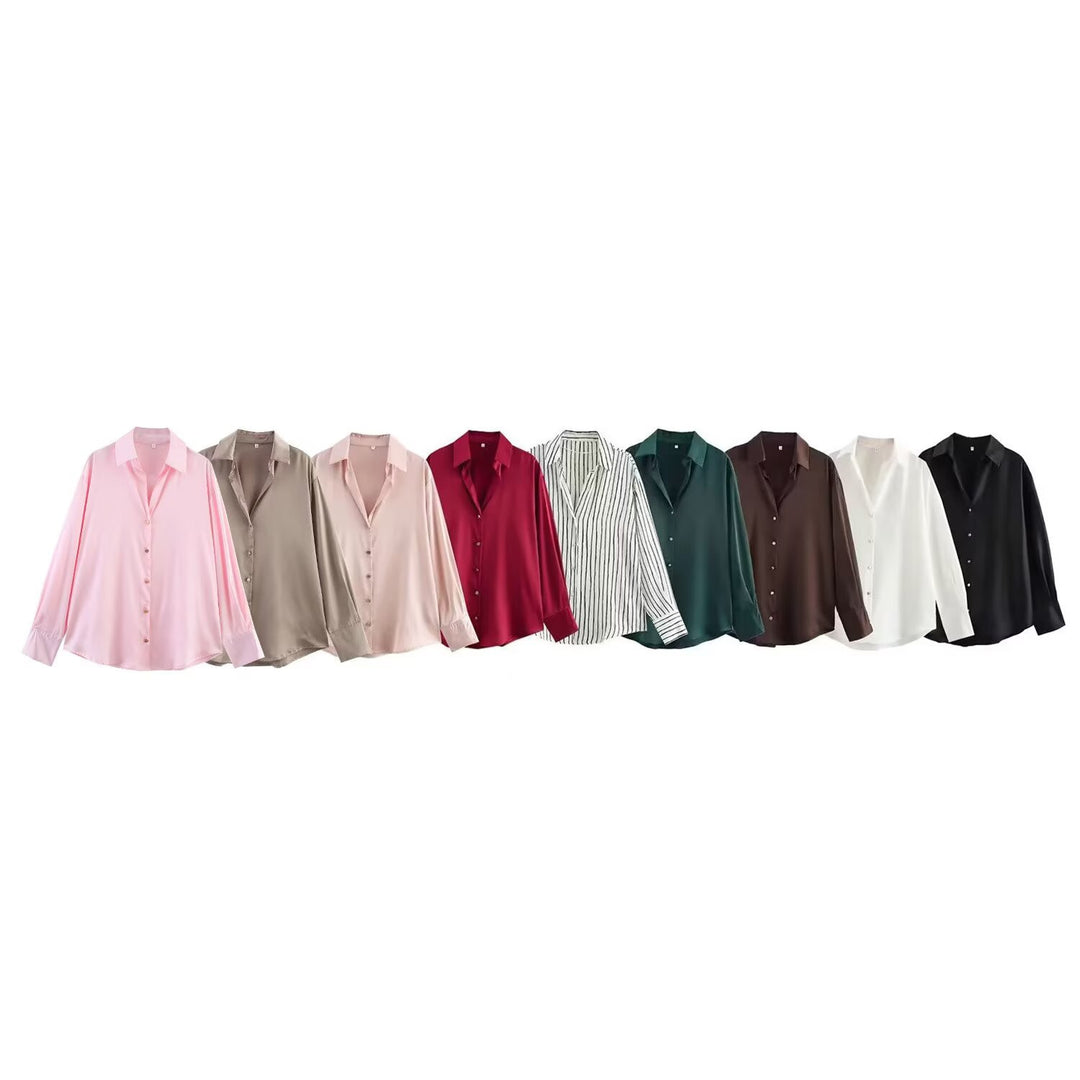 Damen nan oversized Satinbluse mit Hemdkragen, verlängerten Manschetten und abgerundetem Saum Drune