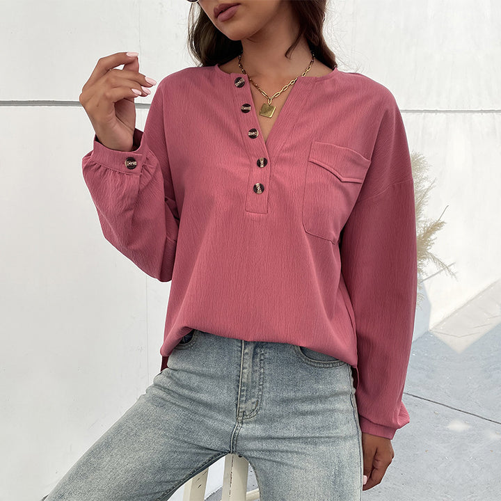 Damen Bluse mit dekorativen Knopfdetails und Brusttasche Drune