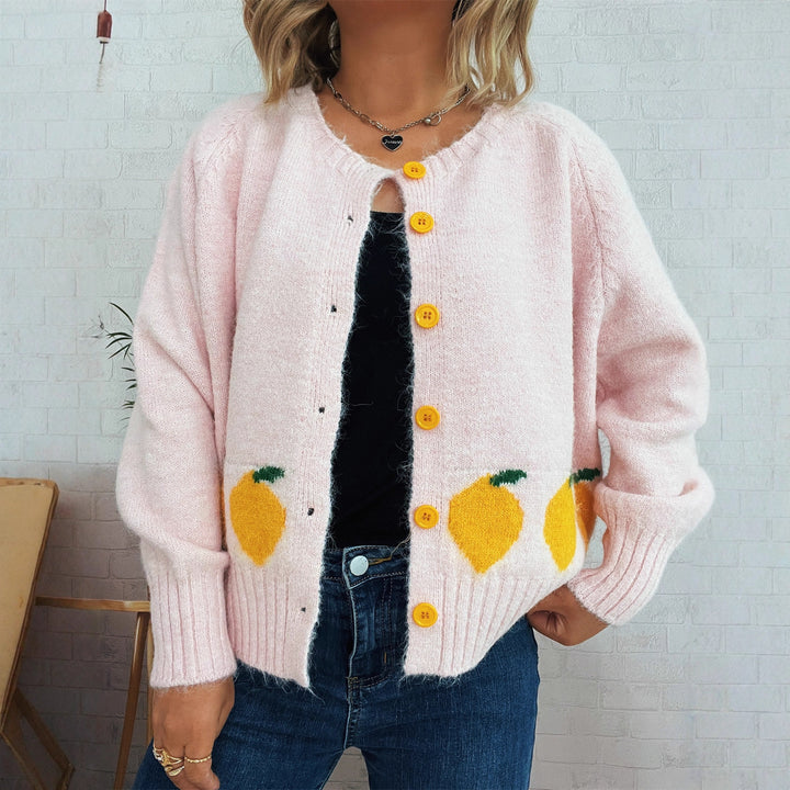 Damen Strickjacke mit fruchtigem Motiv und Knopfdetails Drune
