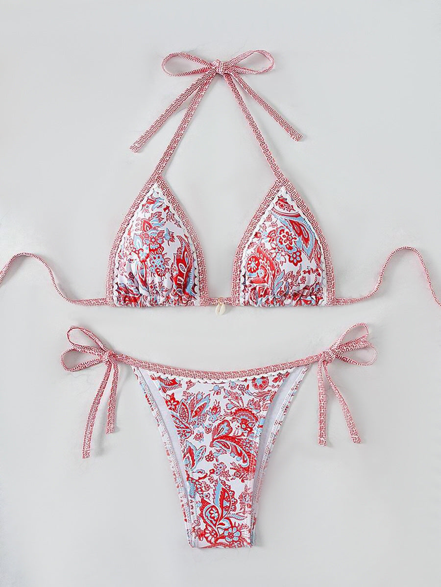 Damen Triangel-Bikini-Set mit verspieltem Blumenmuster und verstellbaren Bindebändern Drune