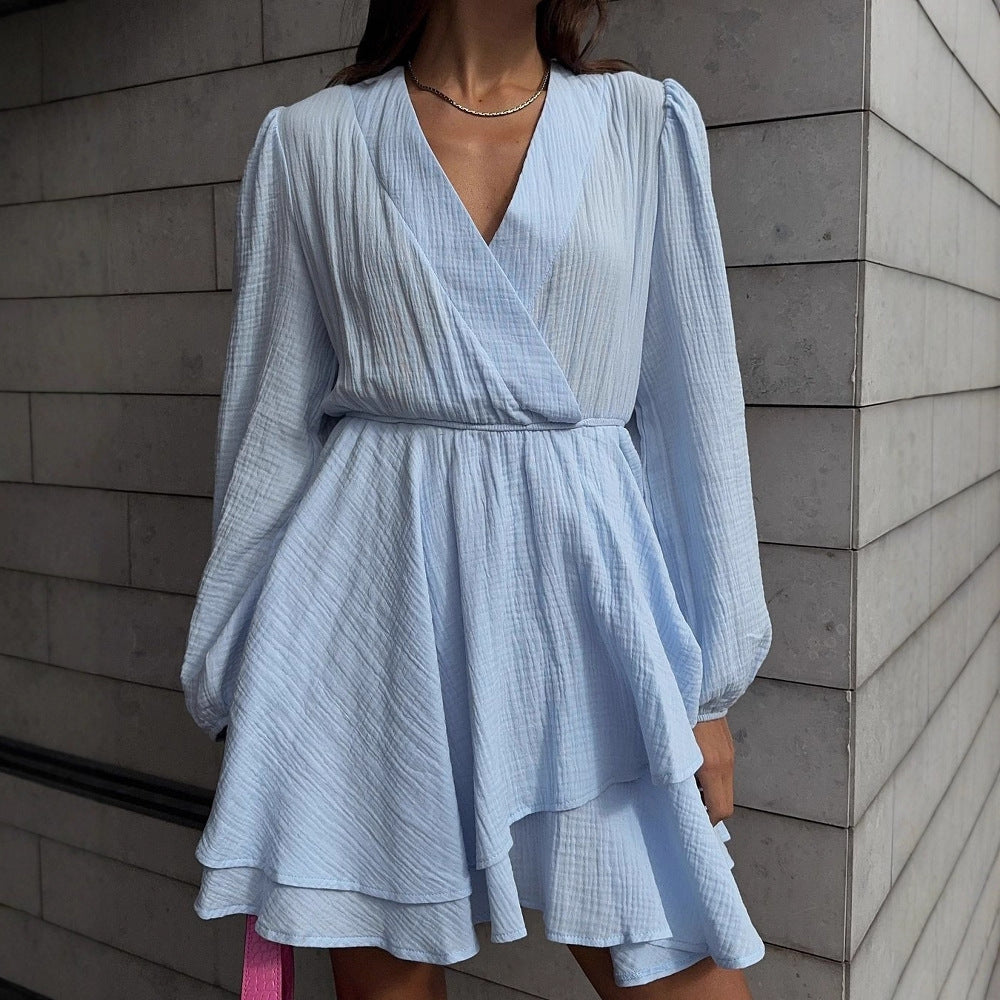 Damen Wickelkleid mit voluminösen Ärmeln und schwingendem Saum Drune