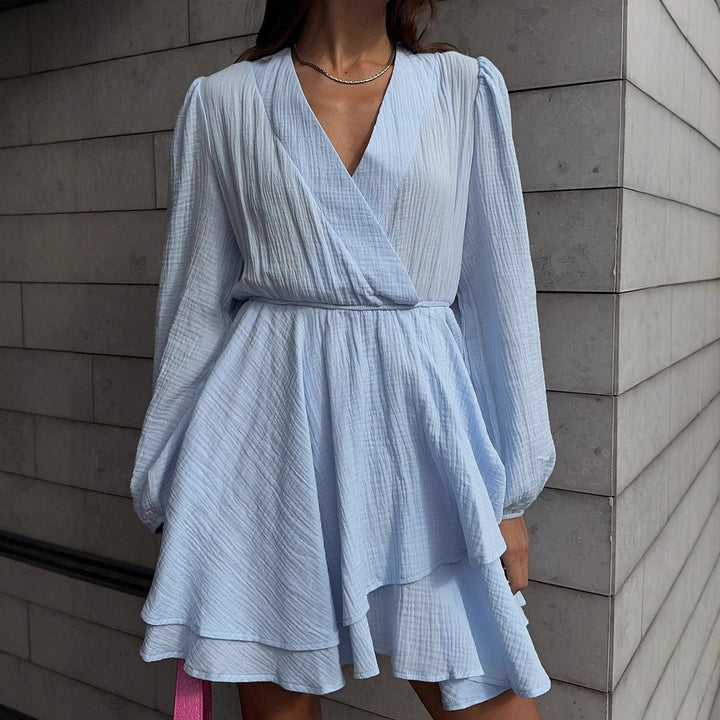 Damen Wickelkleid mit voluminösen Ärmeln und schwingendem Saum Drune