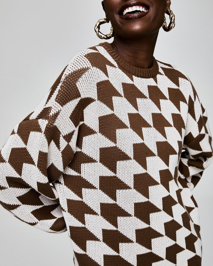 Damen geometrischer Strickpullover mit lässigem Schnitt und trendigen Trompetenärmeln Drune