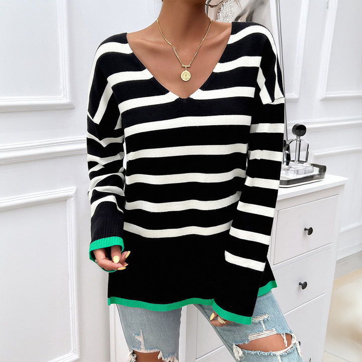Damen nan gestreifter V‑Neck Feinstrickpullover mit verlängertem Tunika‑Schnitt und geripptem Saum Drune