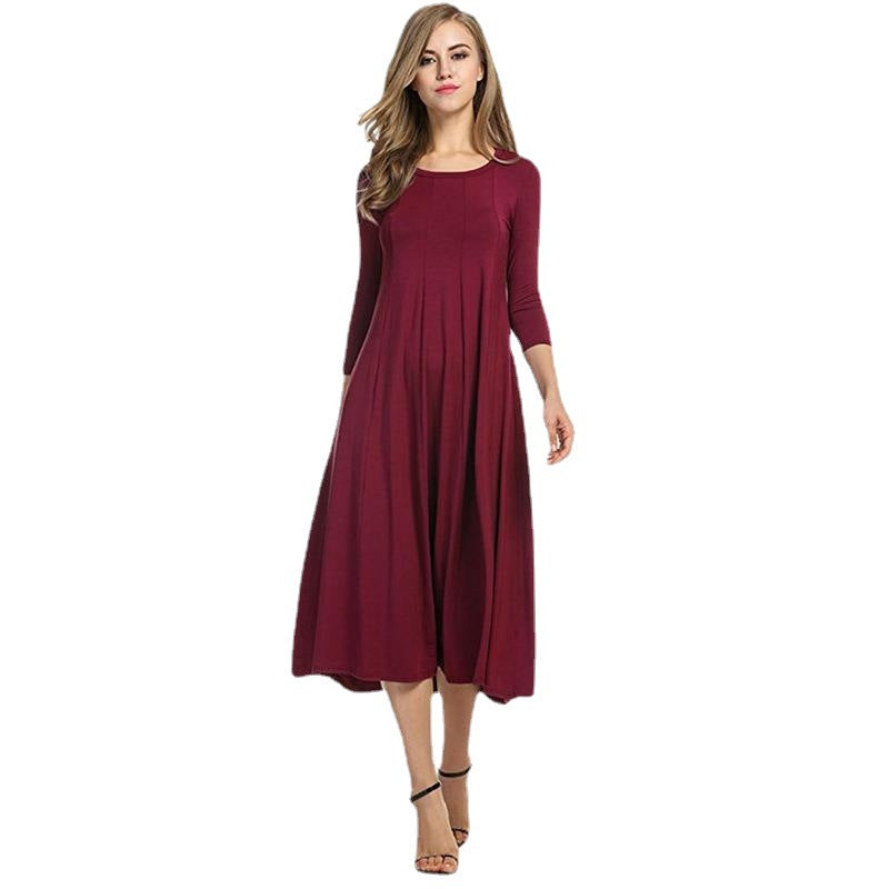 Drune | Quadrat-Ausschnitt 3/4-Lange Uni-Farbe Midi-Kleid