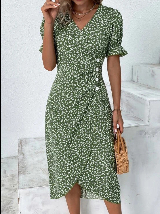 Damen Midikleid mit floralen Mustern und schmeichelndem V-Ausschnitt Drune