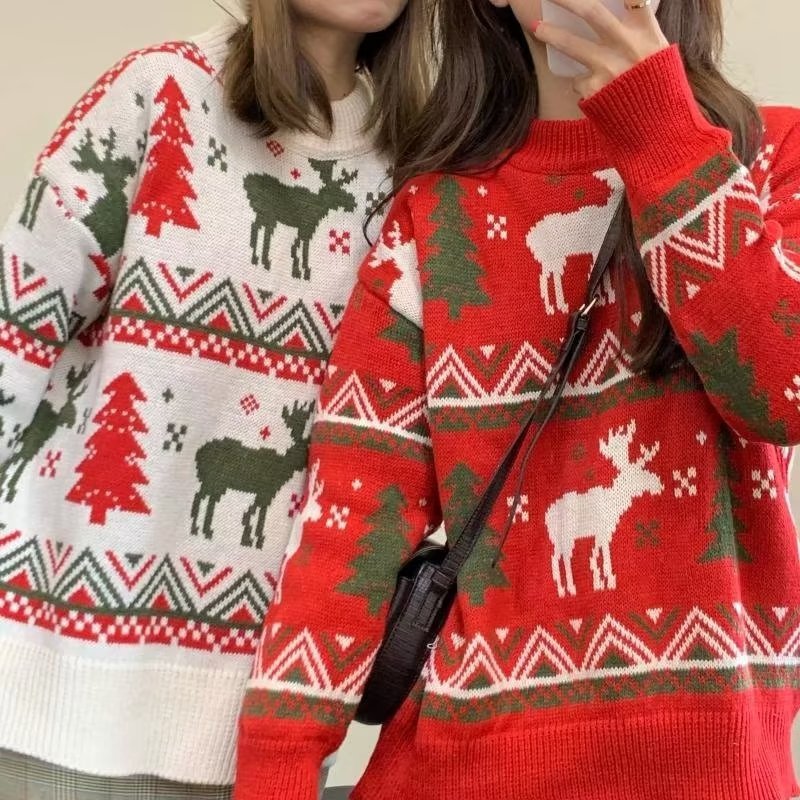 Damen Grobstrickpullover mit festlichem Rentier-Motiv und Rundhalsausschnitt Drune