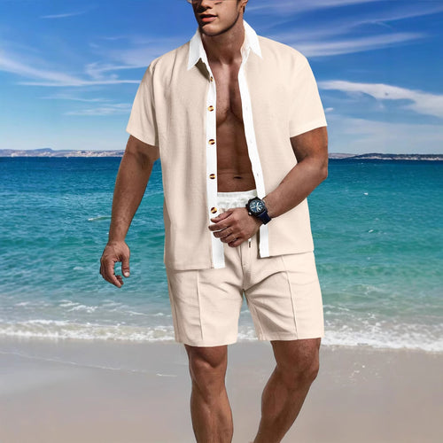 Herren nan modernes Freizeit-Set aus feinem Strukturjersey mit Hemdkragen-Knopfleiste und Kordel-Shorts Drune