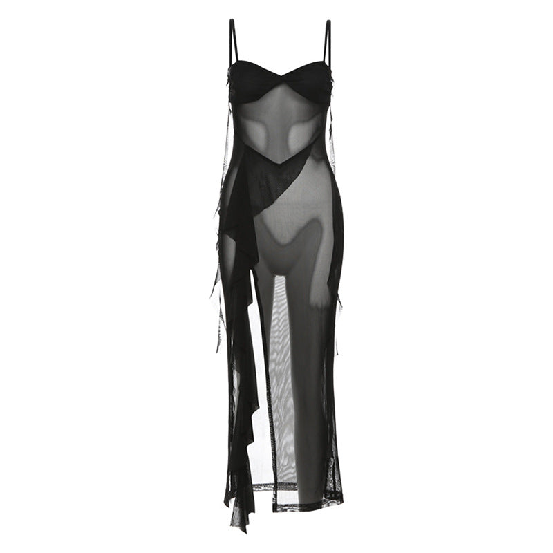 Damen transparenter Maxi-Strandanzug mit asymmetrischem Schnitt und Rüschen Drune