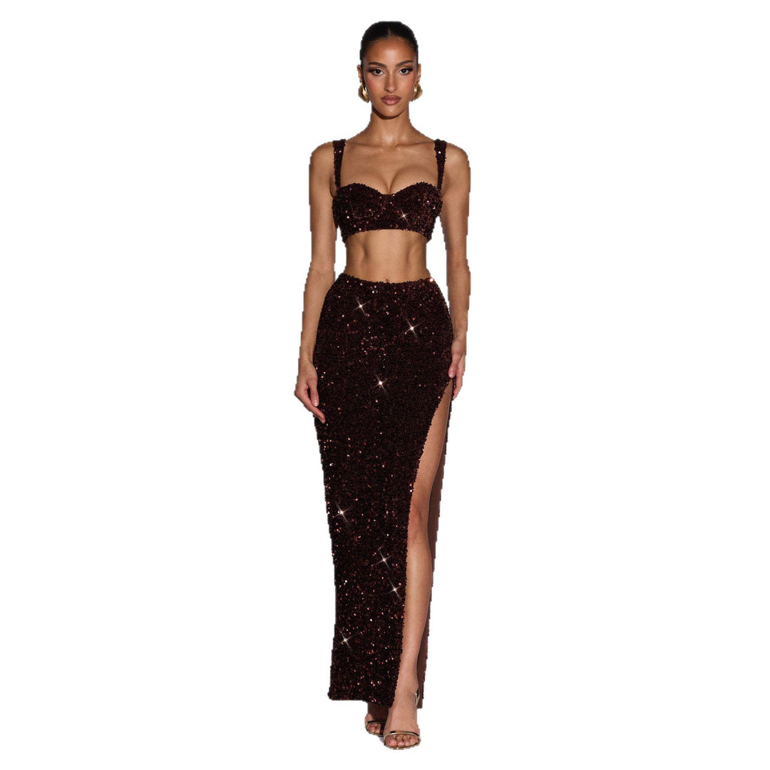 Damen Glitzerndes Abendkleid mit tiefem Schlitz und raffinierten Trägern Drune
