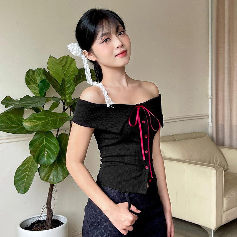 Damen Off-Shoulder Bluse mit Kontrastknöpfen und Taillenband Drune