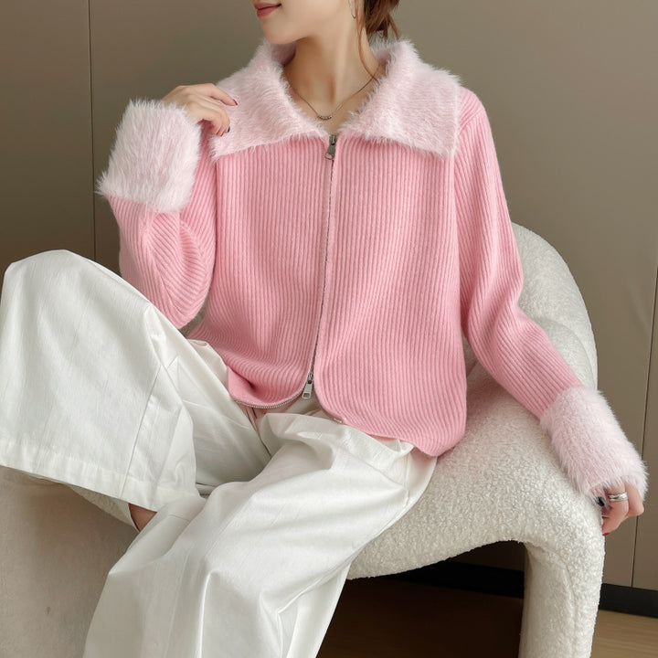 Damen Strickjacke mit luxuriösem Kunstfellkragen und Rippstruktur Drune