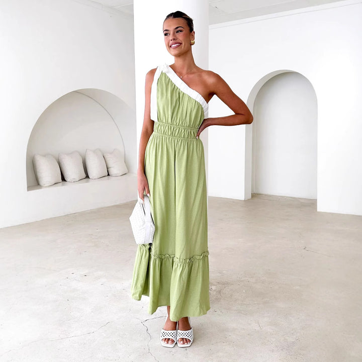 Damen Maxikleid mit asymmetrischem Schulterdesign und fließendem Faltenrock Drune