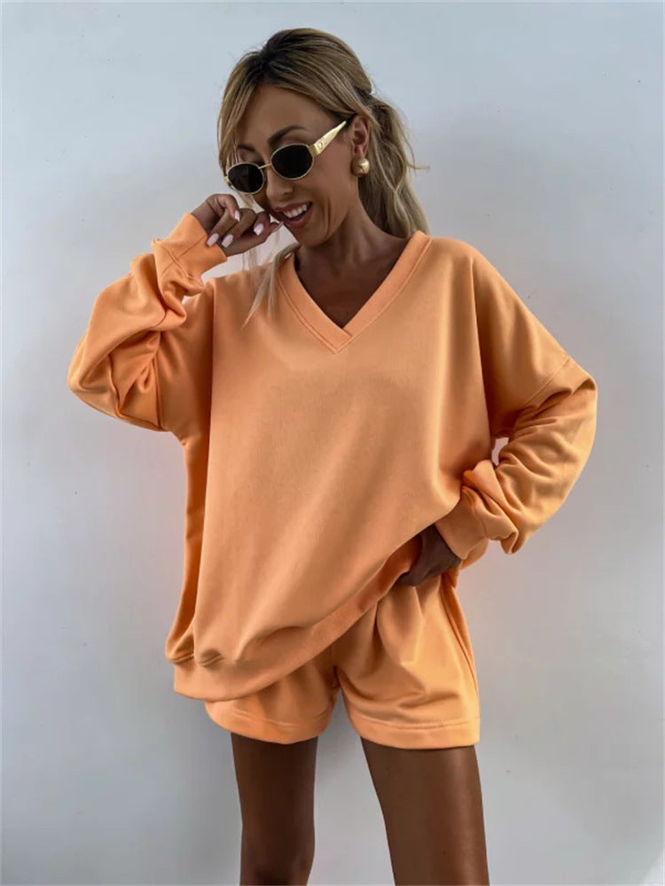 Damen lässiges V-Ausschnitt Sweatshirt und kurze Sporthosen Set Drune