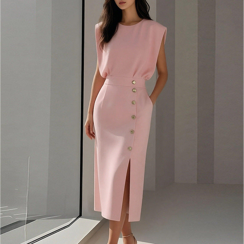 Damen Elegantes Midi-Kleid mit Knopfdetails und Seitenschlitz Drune