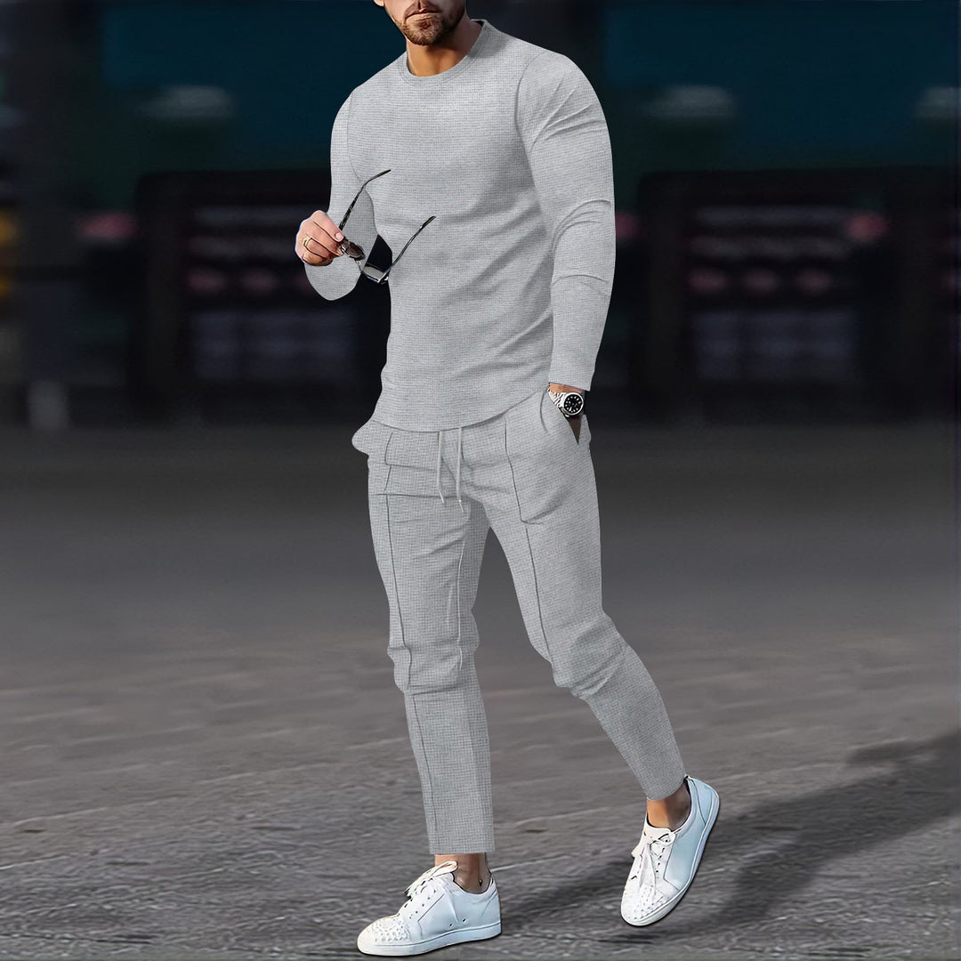 Herren nan modernes Lounge-Set aus feinem Stretchjersey mit Rundhals-Longsleeve und tapered Cargo-Jogger Drune