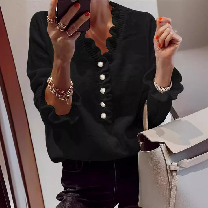Damen Bluse mit Rüschensaum und dekorativen Knöpfen Drune