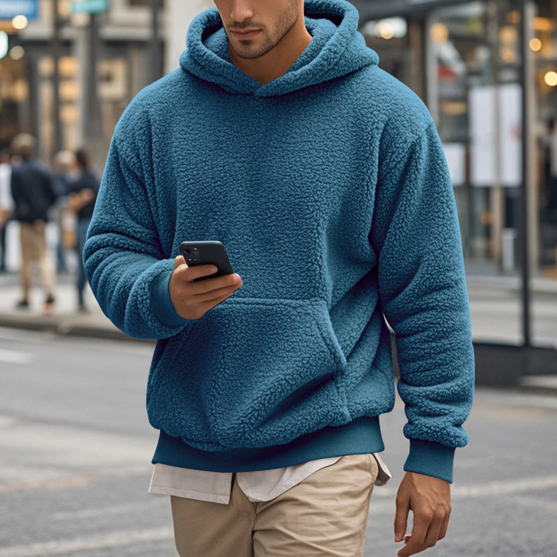 Herren Hoodie aus kuscheligem Teddy-Fleece mit Kängurutasche und breiten Bündchen Drune