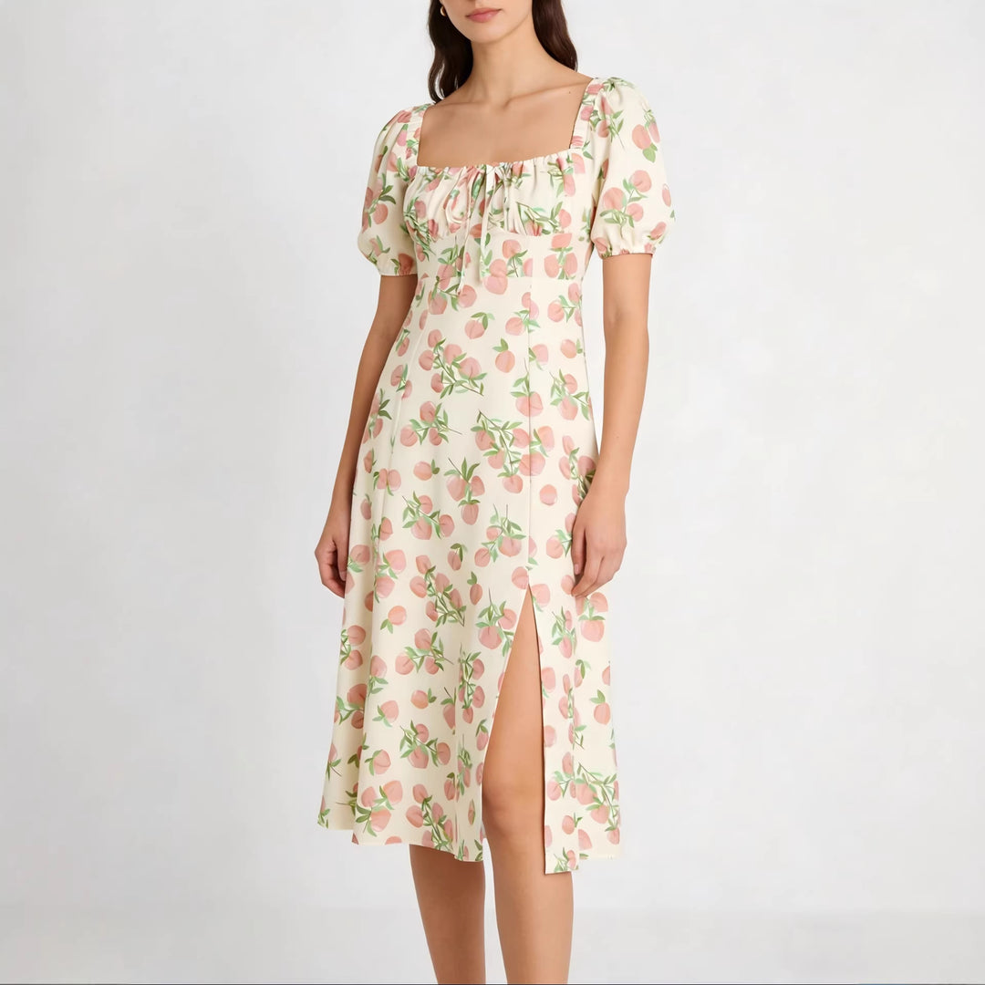 Damen Maxikleid mit pflanzlichem Muster und raffiniertem Schlitz Drune