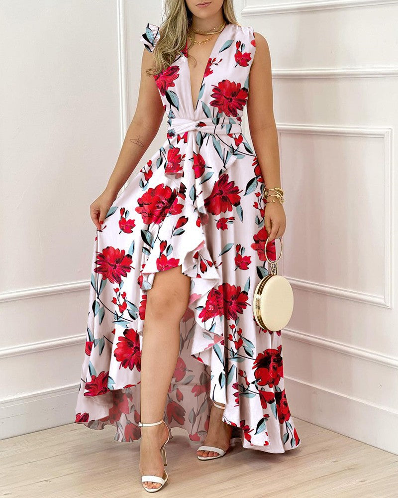 Damen Maxikleid mit auffälligem Palmenmuster und elegantem V-Ausschnitt Drune