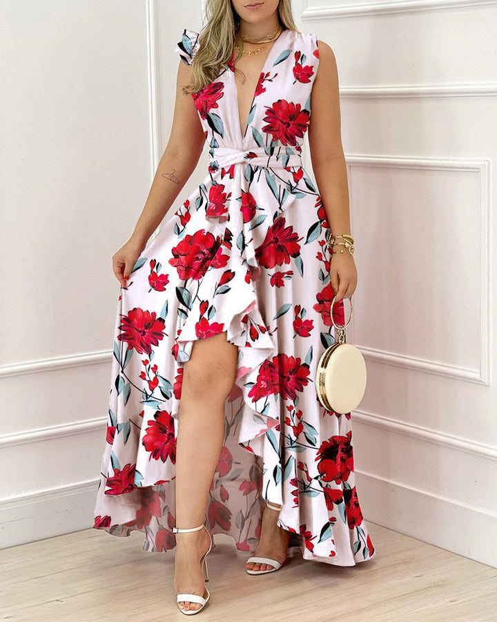 Damen Maxikleid mit auffälligem Palmenmuster und elegantem V-Ausschnitt Drune