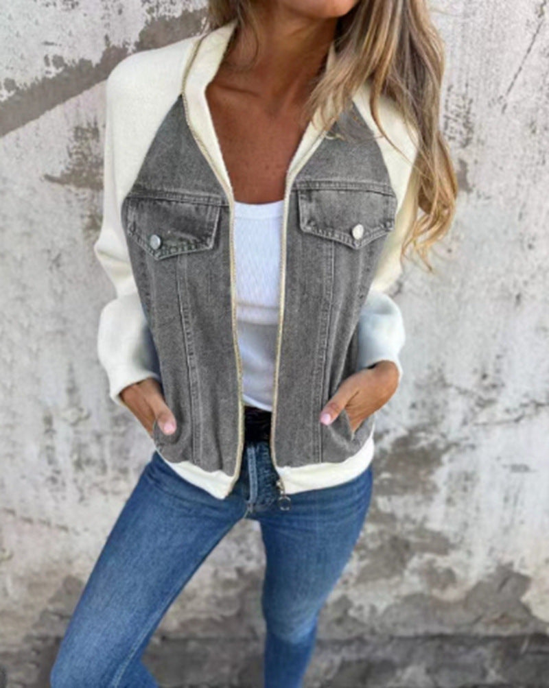 Damen Denim-Jacke mit kontrastfarbenen Ärmeln und praktischen Taschen Drune