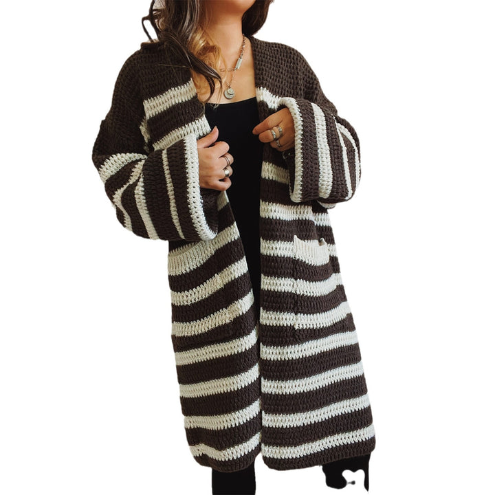 Damen lässige Strickjacke mit modernem Streifenmuster und offener Front Drune