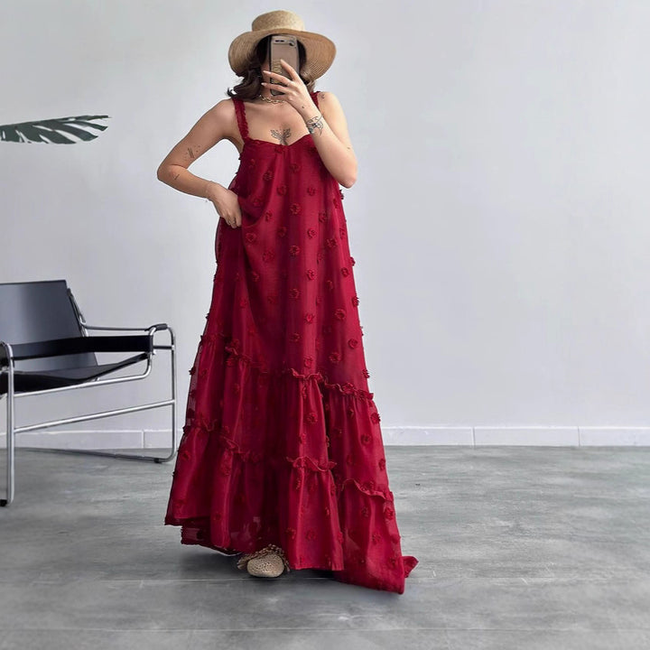 Damen Maxikleid mit Rüschen und floralen Applikationen Drune