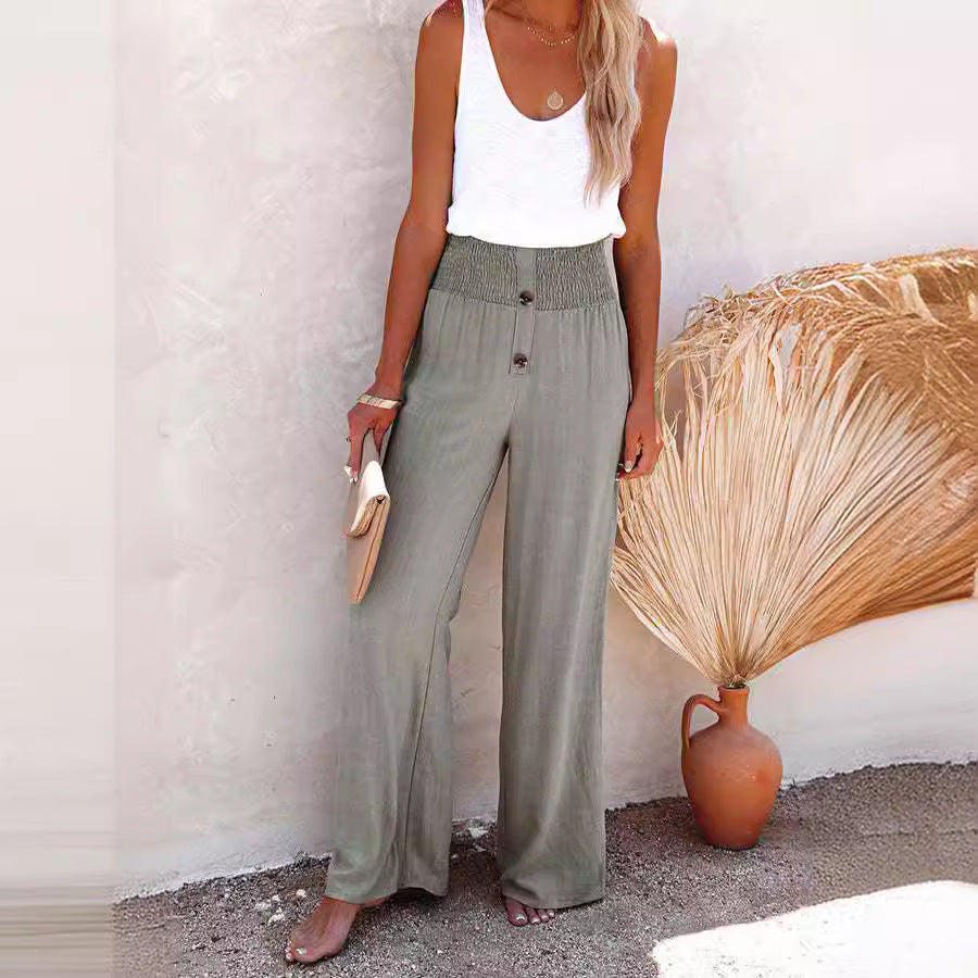 Damen Weite Chinohose mit elastischem Bund und dekorativen Knopfdetails Drune