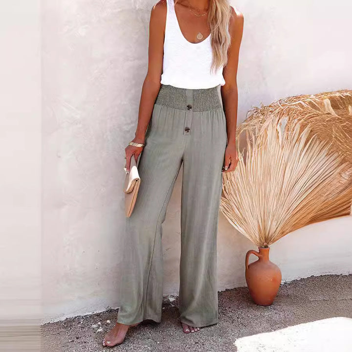 Damen Weite Chinohose mit elastischem Bund und dekorativen Knopfdetails Drune