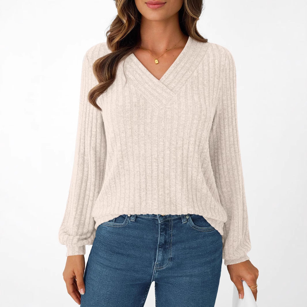 Damen gemütliches Langarmshirt mit strukturiertem V-Ausschnitt Drune